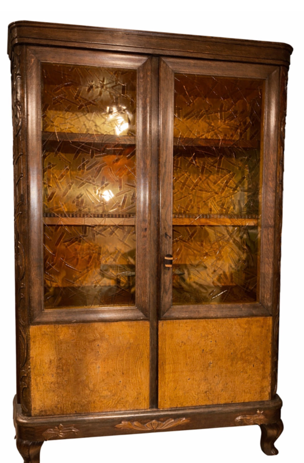 Art Deco Oak Exhibition Cabinet with Amber Glass Panels - 1930s