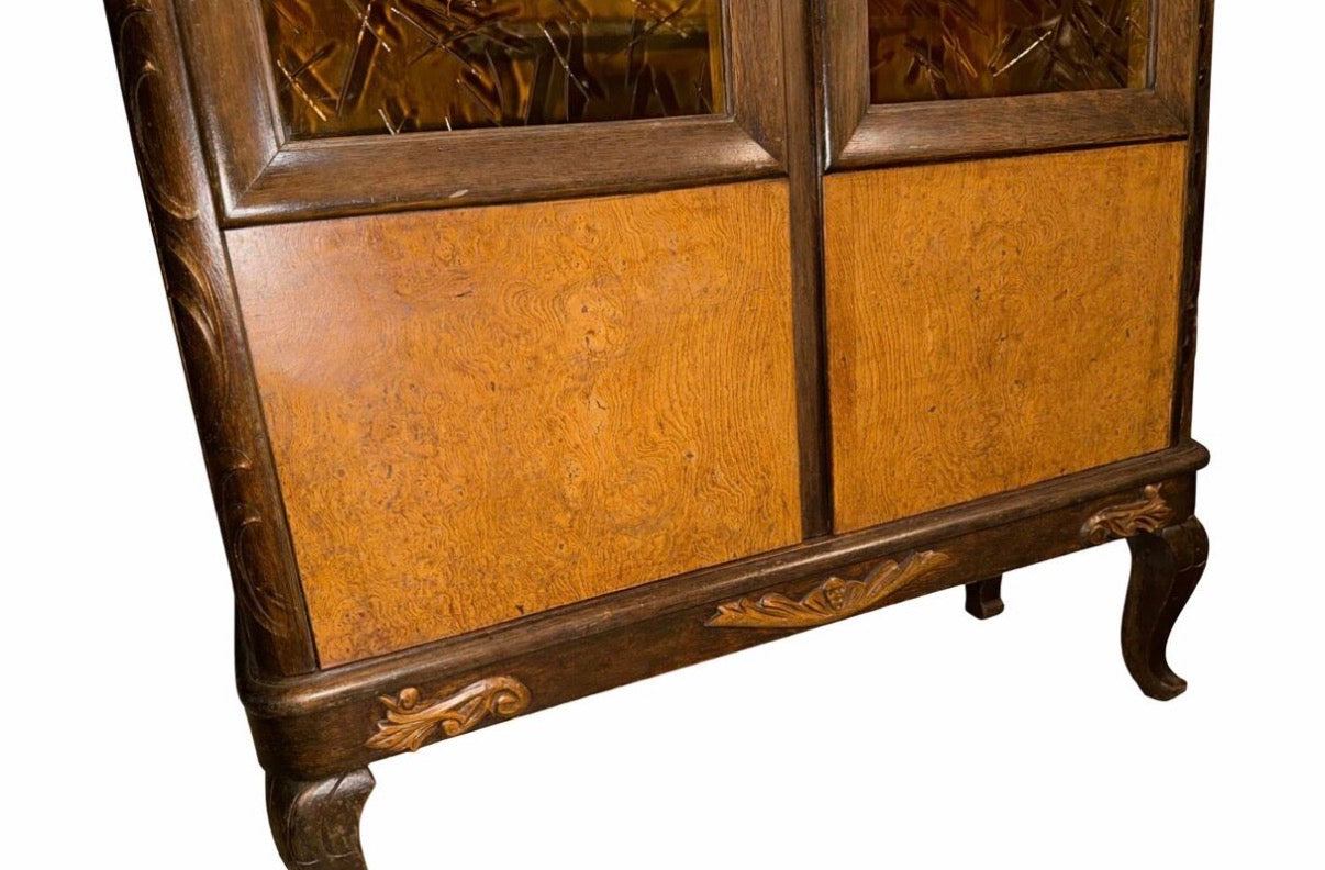 Art Deco Oak Exhibition Cabinet with Amber Glass Panels - 1930s