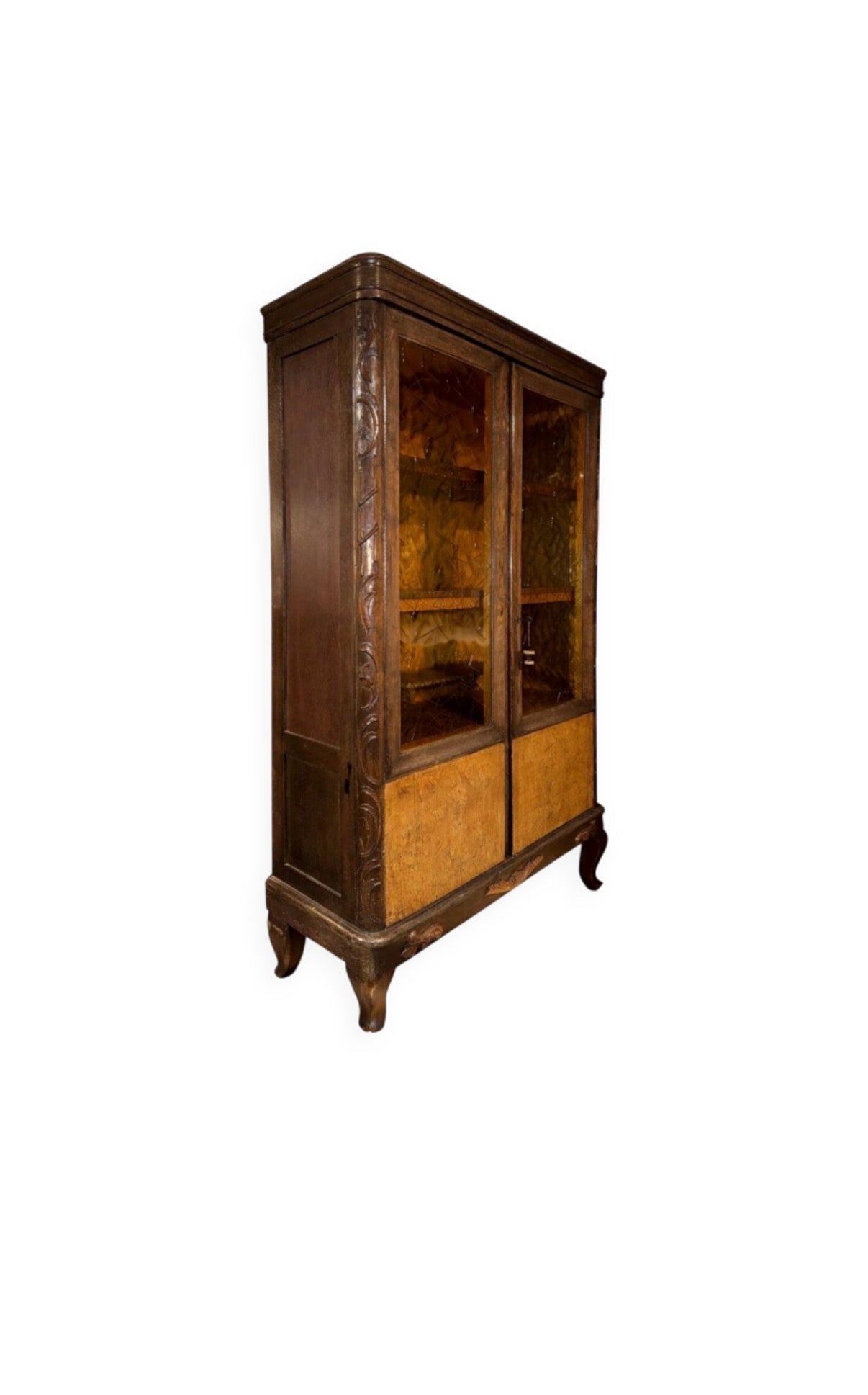 Art Deco Oak Exhibition Cabinet with Amber Glass Panels - 1930s